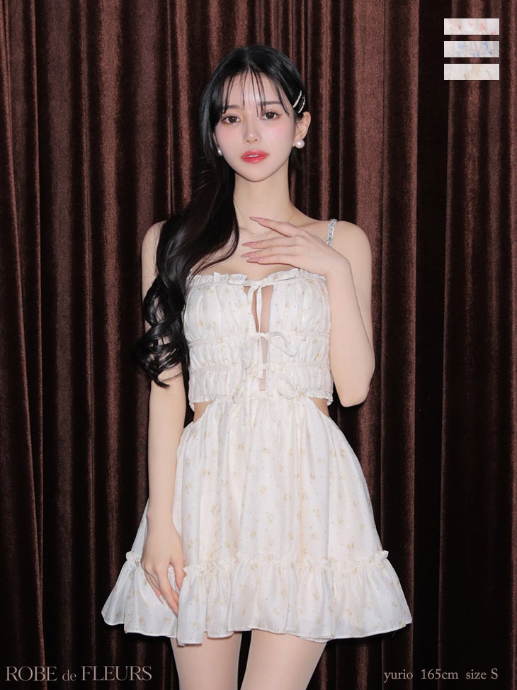 キャバドレス ROBEdeFLEURS ローブドフルール キャミソール シフォン ウエストカット フラワー スタッズ リボン ビジュー ガーリー フレアミニドレス