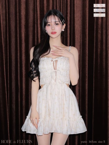 キャバドレス ROBEdeFLEURS ローブドフルール キャミソール シフォン ウエストカット フラワー スタッズ リボン ビジュー ガーリー フレアミニドレス