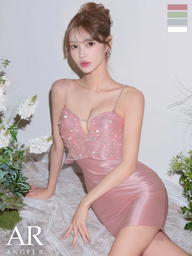 キャバドレス Angel R エンジェルアール キャミソール 2way ベアトップ フリル パール ビジュー フェミニン　フラワーデザイン タイトミニドレス
