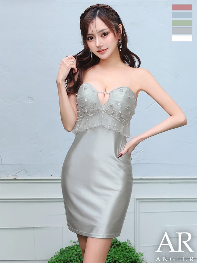 キャバドレス Angel R エンジェルアール 2way ビジュー ベアトップ フェミニン フラワーデザイン キャミソール フリル パール タイトミニドレス