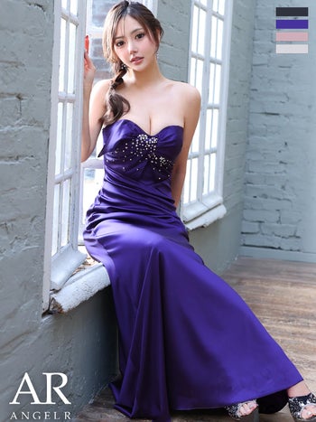 キャバドレス Angel R エンジェルアール 2way ベアトップ キャミソール ハートカット ツイストデザイン ビジュー パール Aラインロングドレス