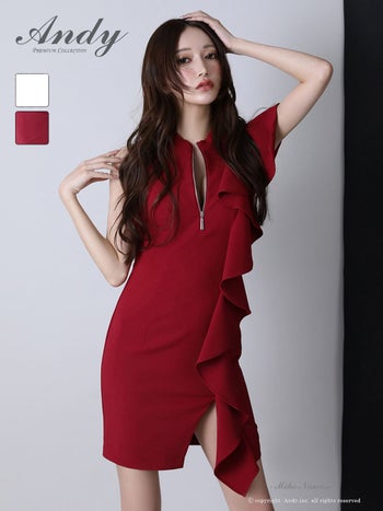 キャバドレス Andy ノースリーブ ジップデザイン フリル スリット ワンカラー タイトミニドレス