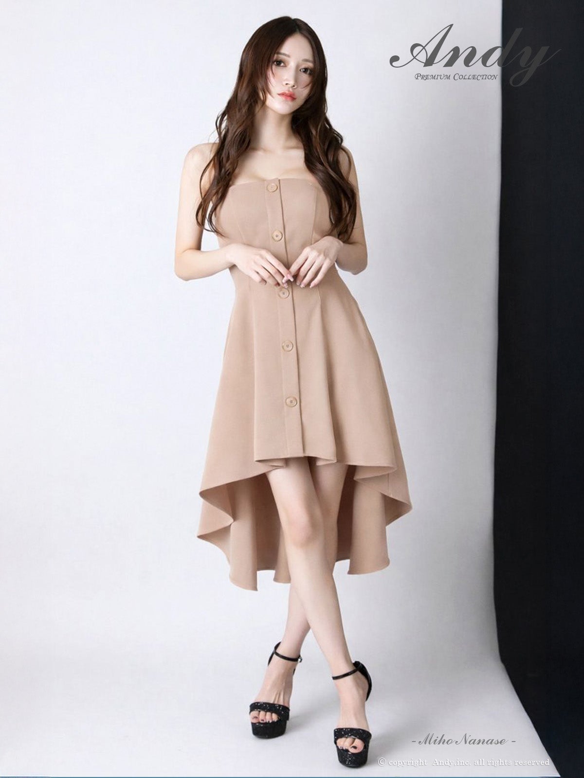 キャバドレス Andy ベアトップ ボタン ワンカラー フレア ロングテールドレス