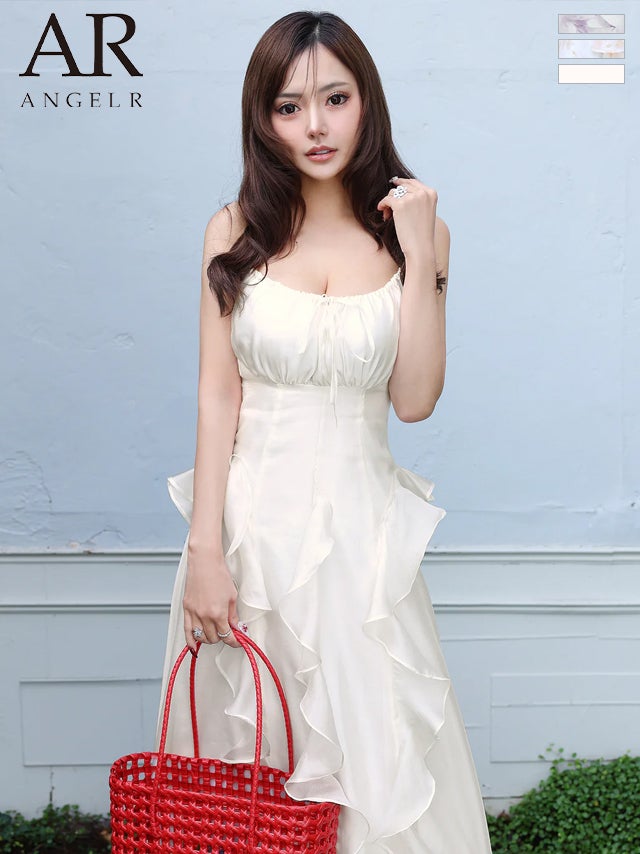 キャバドレス Angel R エンジェルアール バストリボン フラワーデザイン フリル シフォン キャミソール Aラインロングドレス