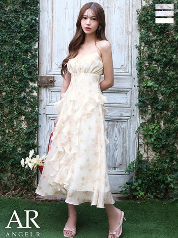キャバドレス Angel R エンジェルアール フラワーデザイン フリル シフォン キャミソール バストリボン Aラインロングドレス