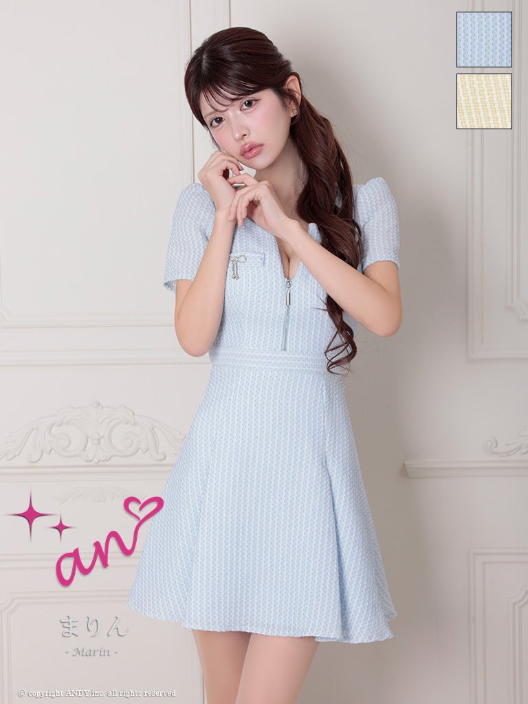 キャバドレス an 半袖 ジップデザイン ツイード カットアウト バックリボン ブローチ フレアミニドレス