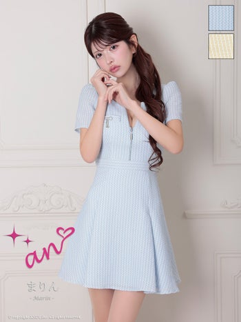 キャバドレス an 半袖 ジップデザイン ツイード カットアウト バックリボン ブローチ フレアミニドレス