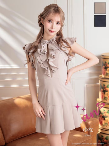 キャバドレス an ノースリーブ ジップデザイン フリル プリーツ リボン フレアミニドレス