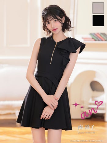 キャバドレス an ノースリーブ ジップデザイン フリル ウエストマーク アシンメトリー フレアミニドレス