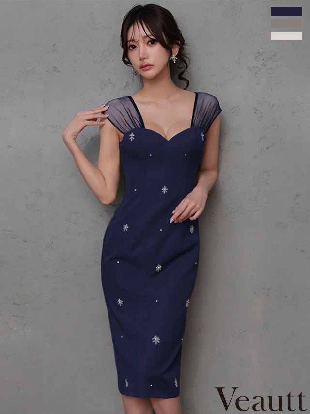 キャバドレス Veautt ヴュート シアー ハートカット ビジュー ノースリーブ 膝丈ドレス