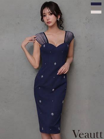 キャバドレス Veautt ヴュート シアー ハートカット ビジュー ノースリーブ 膝丈ドレス