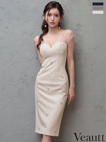 キャバドレス Veautt ヴュート ハートカット ビジュー ノースリーブ シアー 膝丈ドレス