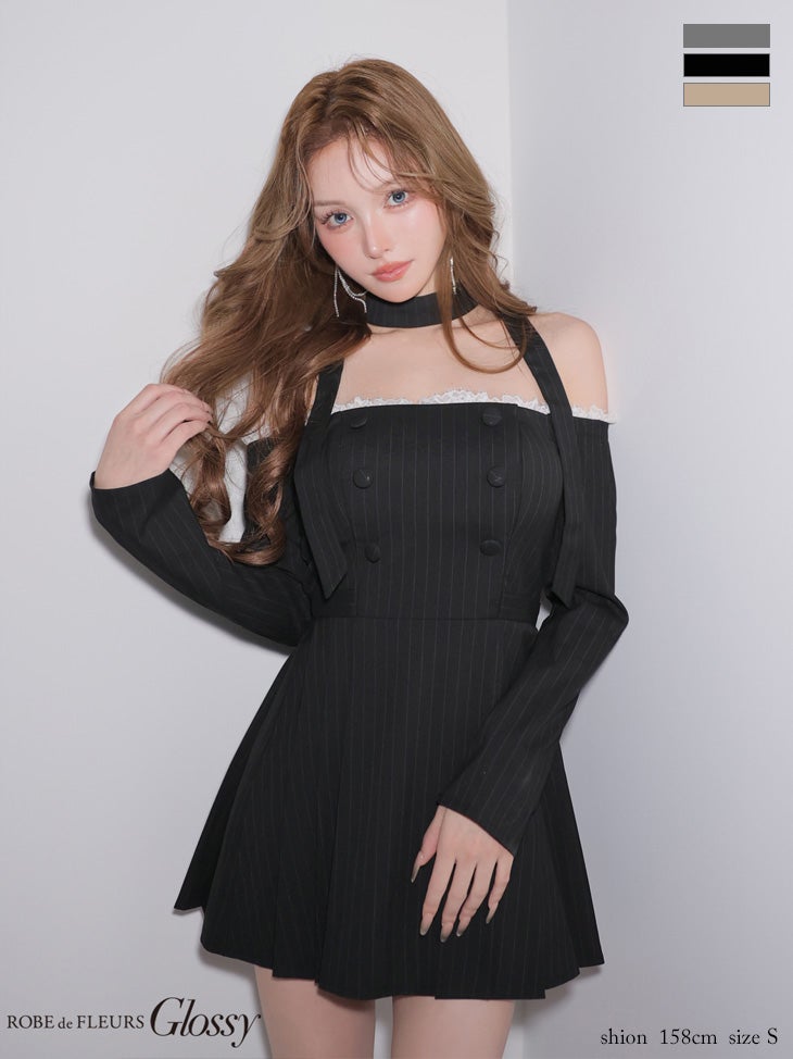 キャバドレス Glossy by ROBE de FLEURS グロッシー オフショルダー レース 長袖 ダブルボタン ストライプ チョーカー付き フレアミニドレス