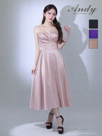 キャバドレス Andy クロスデザイン ウエストカット ベアトップ ミモレ丈 Aラインロングドレス