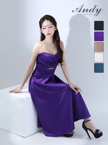 キャバドレス Andy クロスデザイン ウエストカット ベアトップ ミモレ丈 Aラインロングドレス