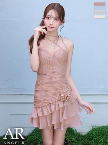 キャバドレス Angel R エンジェルアール フラワーモチーフ ギャザー ネックリボン クロスネック フリル ウエストカット フレアミニドレス