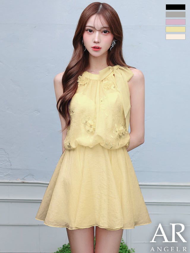 キャバドレス Angel R エンジェルアール ネックリボン フラワー ノースリーブ シフォン フェミニン シアー フレアミニドレス