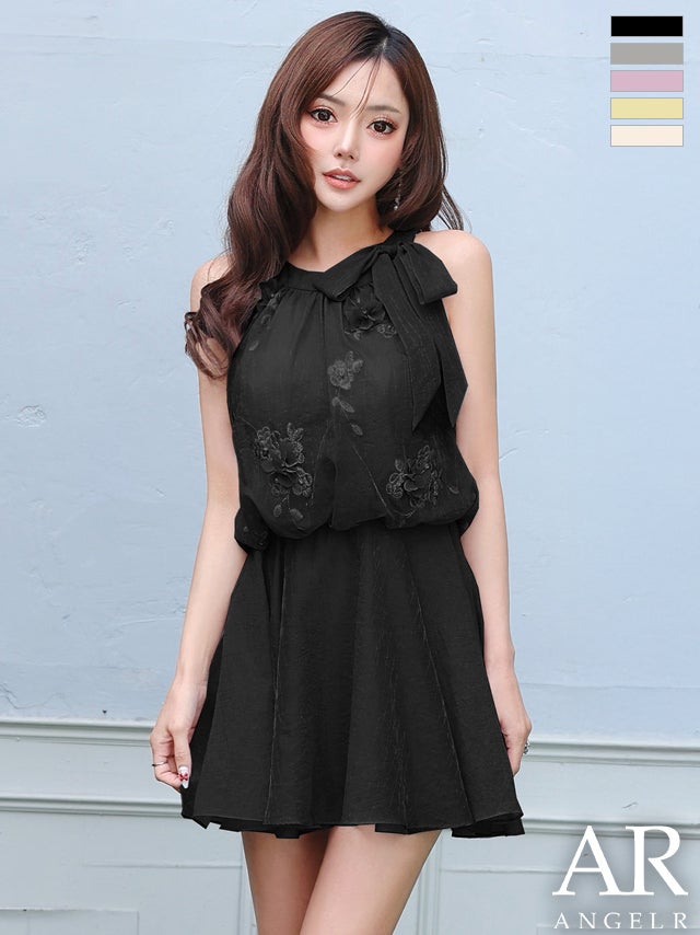 キャバドレス Angel R エンジェルアール ノースリーブ ネックリボン フラワー シフォン フェミニン シアー フレアミニドレス
