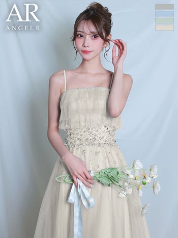 キャバドレス Angel R エンジェルアール アッパーフリル キャミソール チュール ウエストビジューベアトップ 2way Aラインロングドレス