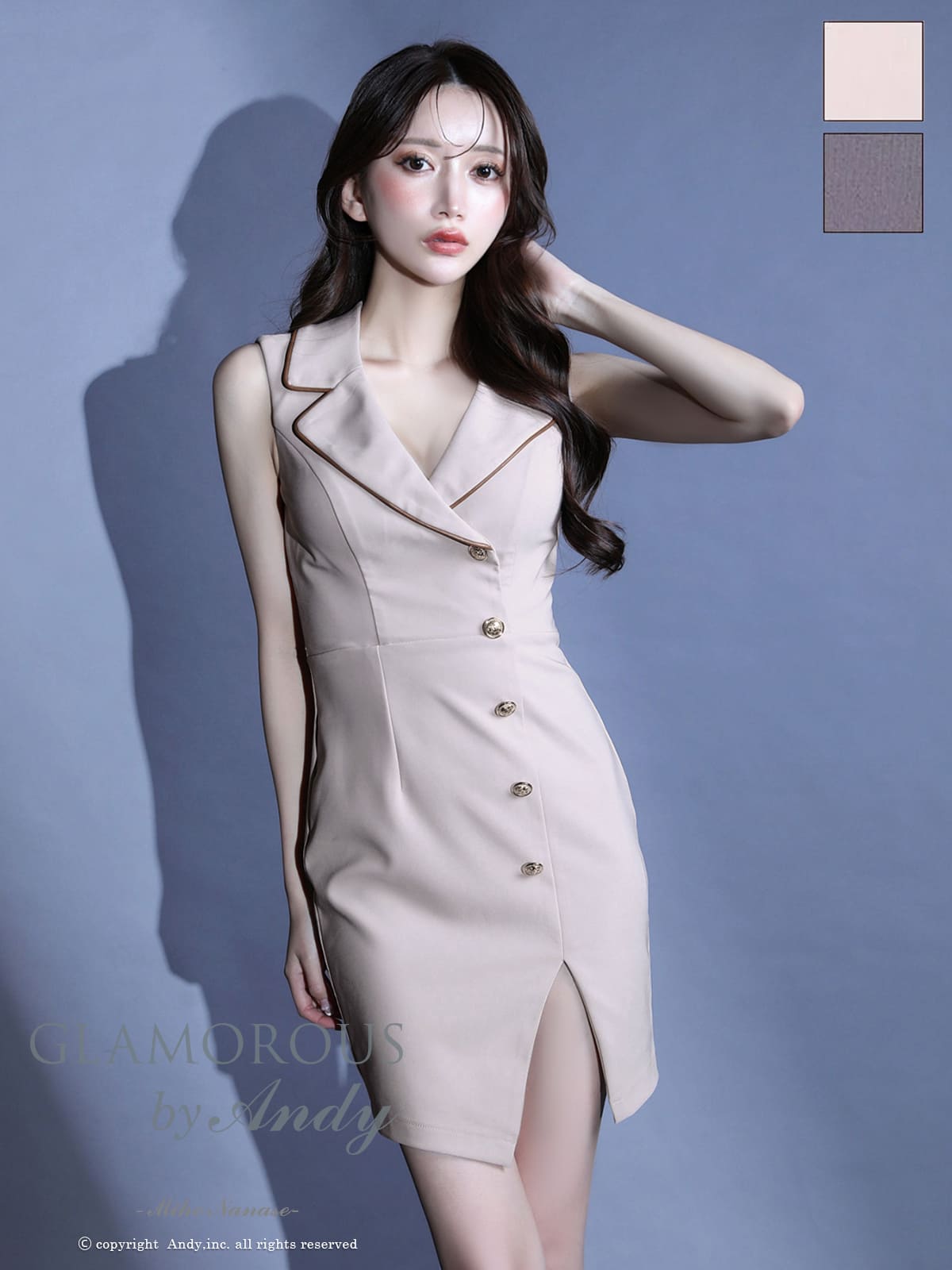 キャバドレス GLAMOROUS ノースリーブ 襟デザイン ボタン スリット タイトミニドレス