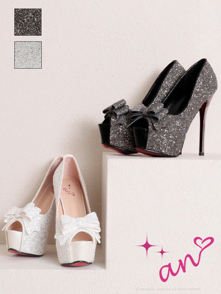 キャバヒール an リボン ラメ グリッター ピンヒール オープントゥ パンプス