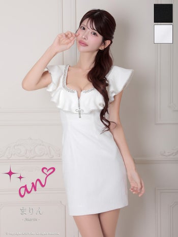 キャバドレス an ジップデザイン ノースリーブ リボン ブローチ付き フリル タイトミニドレス