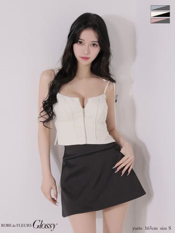 キャバドレス Glossy by ROBE de FLEURS グロッシー ショルダーリボン ジップデザイン スリット バックオープン パイピング キルティング セットアップ キャミソール タイトミニドレス