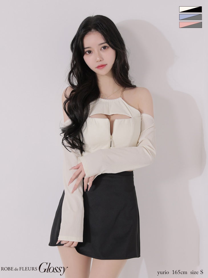 キャバドレス Glossy ROBE de FLEURS グロッシー ローブドフルール 肩あき セットアップ 長袖 チェーンストラップ ジップデザイン バイカラー バストカット フレアミニドレス