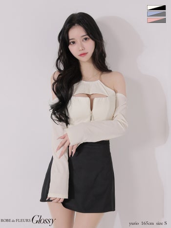 キャバドレス Glossy ROBE de FLEURS グロッシー ローブドフルール 肩あき セットアップ 長袖 チェーンストラップ ジップデザイン バイカラー バストカット フレアミニドレス