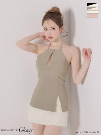 キャバドレス Glossy by ROBE de FLEURS グロッシー バストカット バックリボン ゴールドボタン レース リブ セットアップ ホルターネック タイトミニドレス