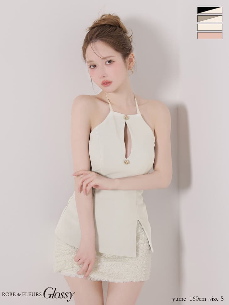 キャバドレス Glossy by ROBE de FLEURS グロッシー バックリボン ゴールドボタン レース リブ セットアップ ホルターネック バストカット タイトミニドレス