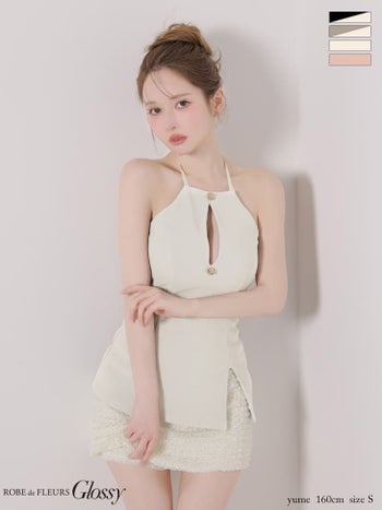 キャバドレス Glossy by ROBE de FLEURS グロッシー バックリボン ゴールドボタン レース リブ セットアップ ホルターネック バストカット タイトミニドレス