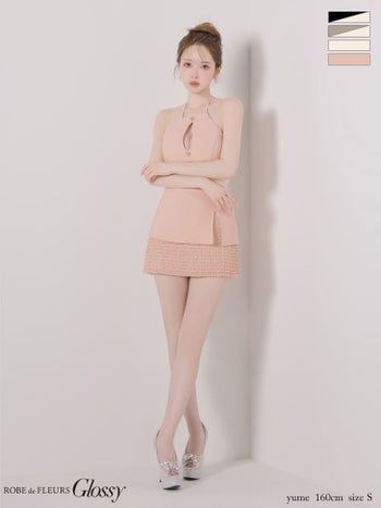 キャバドレス Glossy by ROBE de FLEURS グロッシー ゴールドボタン レース リブ セットアップ ホルターネック バストカット バックリボン タイトミニドレス