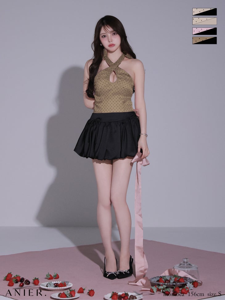 キャバドレス ANIER. アニエル バルーンスカート ネックリボン ドット柄 ホルターネック セットアップ フレアミニドレス