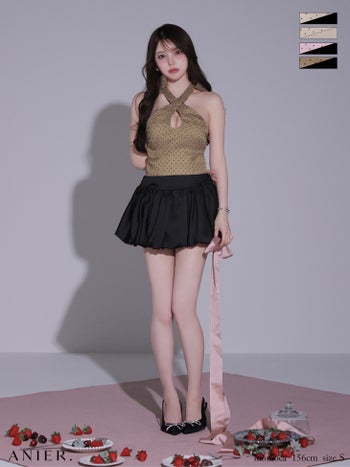 キャバドレス ANIER. アニエル バルーンスカート ネックリボン ドット柄 ホルターネック セットアップ フレアミニドレス