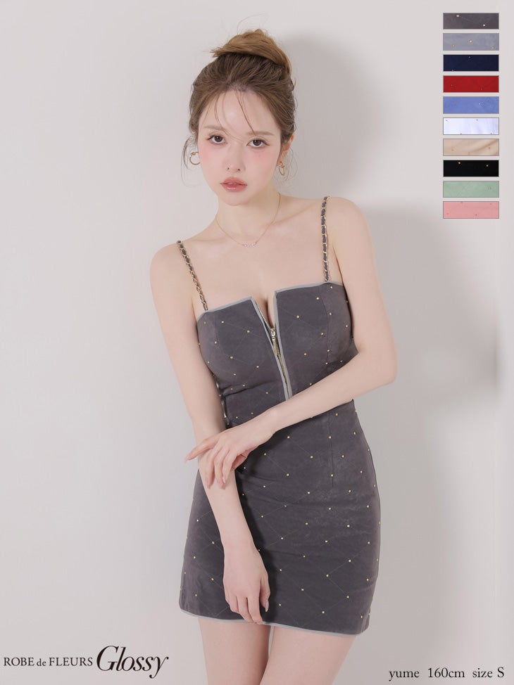 キャバドレス Glossy ROBE de FLEURS グロッシー ローブドフルール キルティング ジップデザイン スタッズ セットアップ チェーン キャミソール セクシー タイトミニドレス