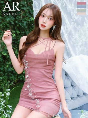 キャバドレス Angel R エンジェルアール クロスネック リボン アシンメトリー ラメ ビジュー フラワー メッシュ タイトミニドレス