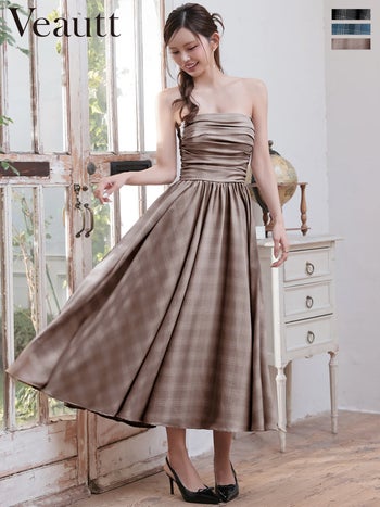 キャバドレス Veautt ヴュート 2way ベアトップ キャミソール ギャザー チェック柄 フレア 膝丈ドレス