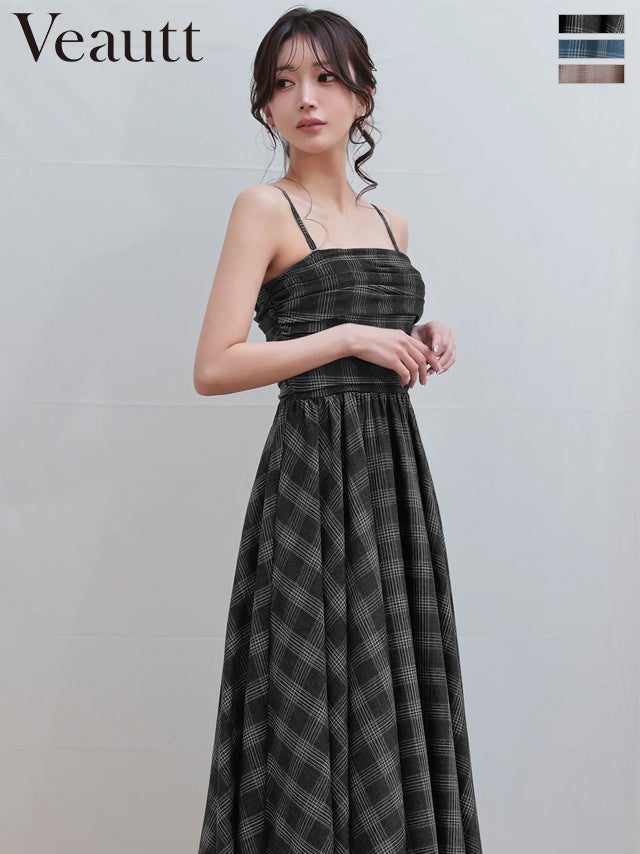 キャバドレス Veautt ヴュート ベアトップ キャミソール ギャザー チェック柄 フレア 2way 膝丈ドレス