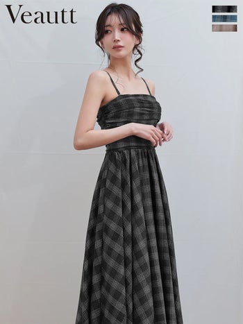 キャバドレス Veautt ヴュート ベアトップ キャミソール ギャザー チェック柄 フレア 2way 膝丈ドレス