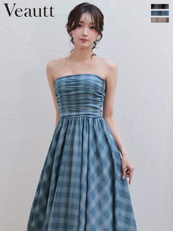 キャバドレス Veautt ヴュート キャミソール ギャザー チェック柄 フレア 2way ベアトップ 膝丈ドレス