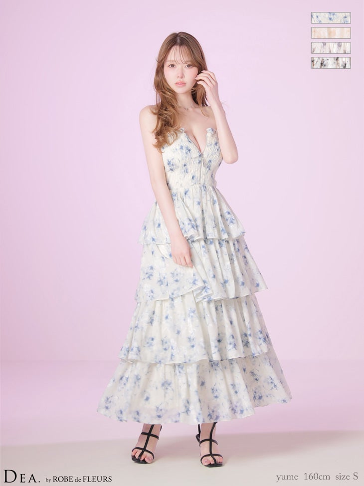 キャバドレス DEA. ROBE de FLEURS ディア ローブドフルール ベアトップ フラワージャガード ティアード シフォン ジップデザイン Aラインロングドレス