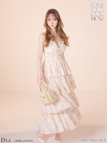 キャバドレス DEA. ROBE de FLEURS ディア ローブドフルール フラワージャガード ティアード シフォンベアトップ ジップデザイン Aラインロングドレス