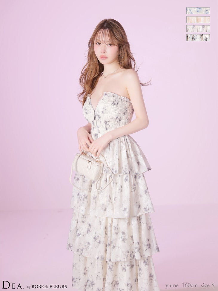 キャバドレス DEA. ROBE de FLEURS ディア ローブドフルール シフォン ジップデザイン ベアトップ フラワージャガード ティアード Aラインロングドレス