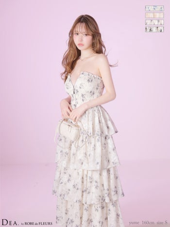 キャバドレス DEA. ROBE de FLEURS ディア ローブドフルール シフォン ジップデザイン ベアトップ フラワージャガード ティアード Aラインロングドレス