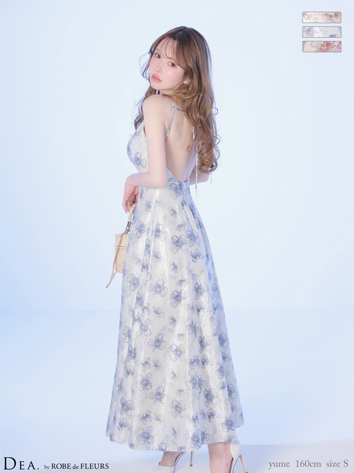 キャバドレス DEA. ROBE de FLEURS ディア ローブドフルール バックオープン フラワー キャミソール ジップデザイン サテン Aラインロングドレス