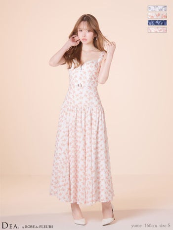 キャバドレス DEA.by ROBE de FLEURS ディア ハートカット ジップデザイン ウエストベルト ギャザー マットサテン フラワー ノースリーブ Aラインロングドレス