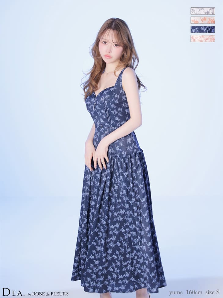 キャバドレス DEA.by ROBE de FLEURS ディア ジップデザイン ウエストベルト ギャザー マットサテン フラワー ノースリーブ ハートカット Aラインロングドレス