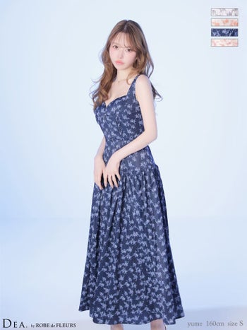 キャバドレス DEA.by ROBE de FLEURS ディア ジップデザイン ウエストベルト ギャザー マットサテン フラワー ノースリーブ ハートカット Aラインロングドレス