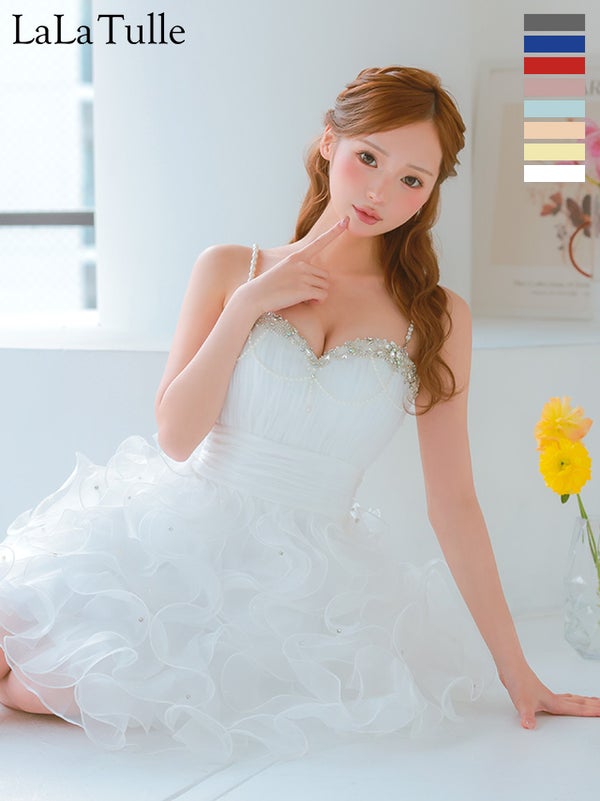 キャバドレス Angel R エンジェルアール ハートカット キャミソール ビジュー フリル バースデー ベアトップス パールチェーン ウエストマーク フレアミニドレス